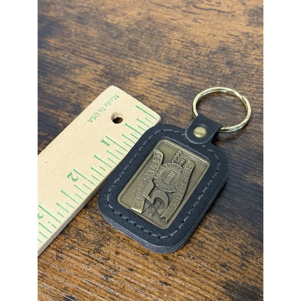 UAW Local 450 Des Moines Iowa Keychain Leather Brass 50th Anniversary Keyring